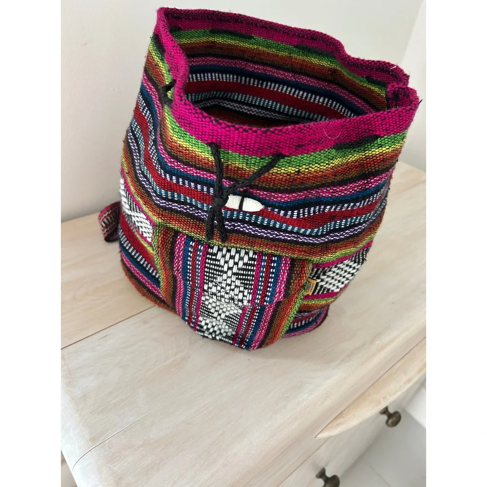 Artesanias Pinzon Woven Boho Backpack Multi Color Striped Drawstring Bag